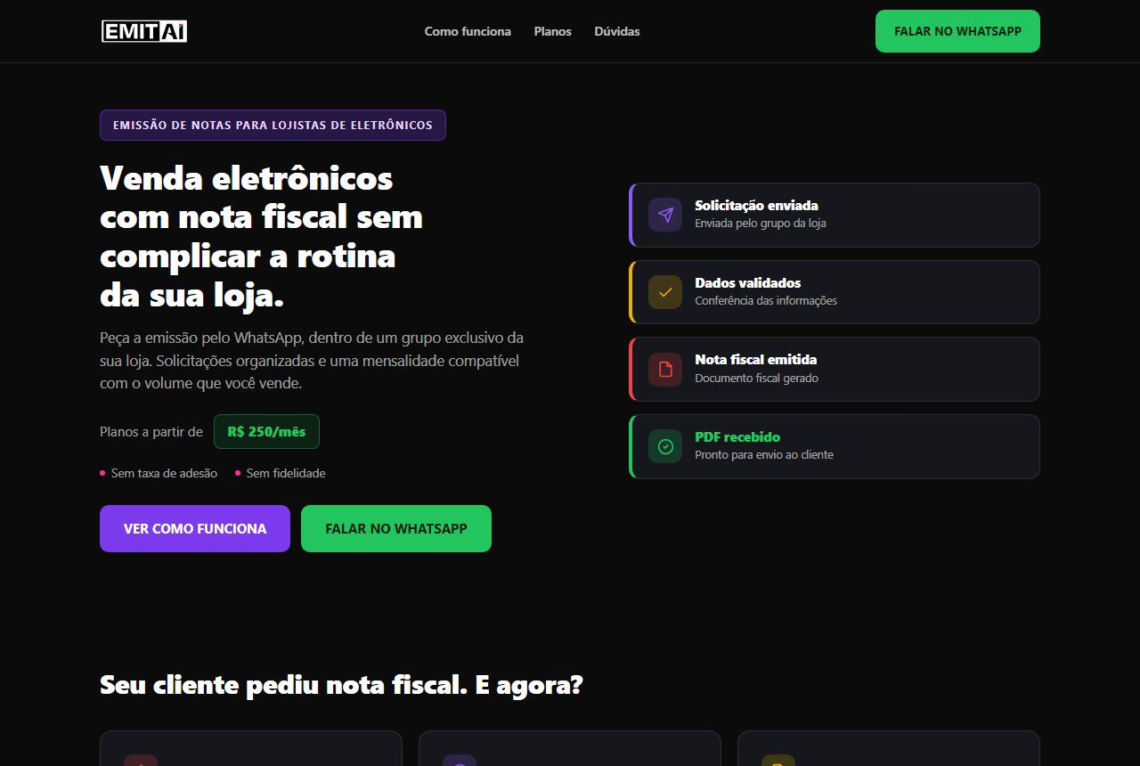 Página inicial da EMITAI, serviço de emissão de notas fiscais, em tema escuro, com planos e botão de WhatsApp