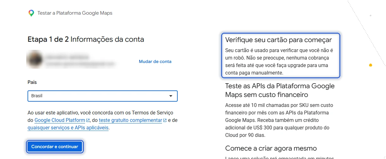 Tela do teste gratuito do Google explicando que o cartão serve para verificar que você não é um robô