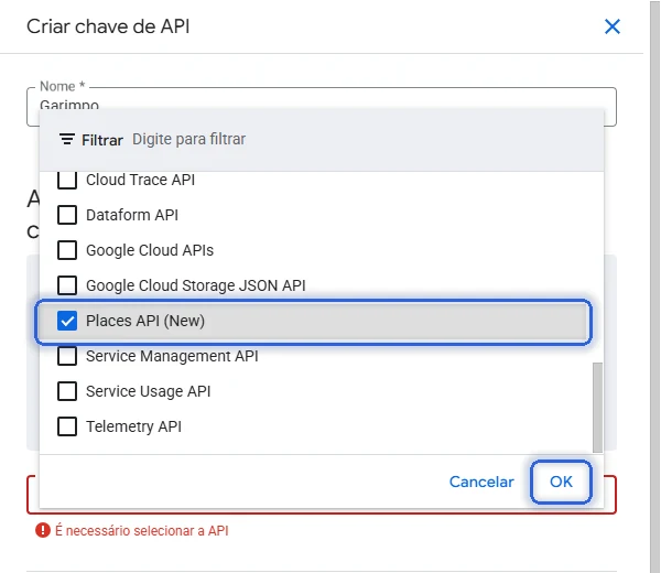 Lista de APIs com Places API (New) marcada e o botão OK